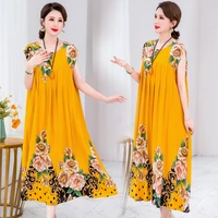 new summer korean style elegant dress print round neck loose cotton dress fashion casual ankle length dresses