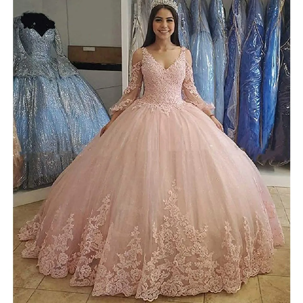 

ANGELSBRIDEP бальное платье с V-образным вырезом, платья для Quinceanera, 15 цветов, модное кружевное Тюлевое платье принцессы с аппликацией, вечерние платья Золушки на день рождения