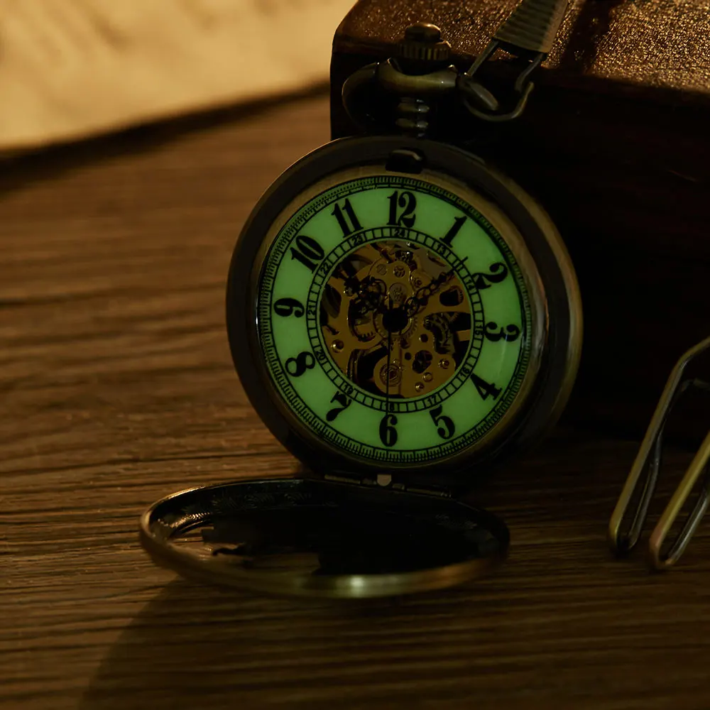 Vintage Hollow Deer Wolf Horse Skeleton Mechanical Pocket Watch Double Open Cover Fob Chain Men Steampunk Pendant Gifts Women