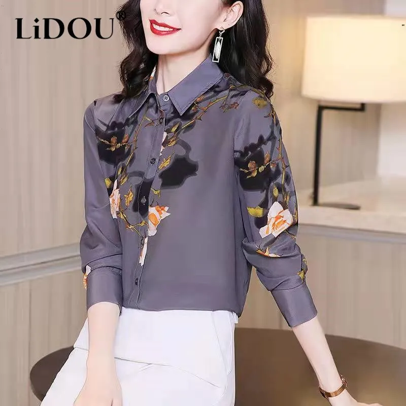 

Tops Women New Autumn Winter Polo-neck Long Sleeve Shirt Single-breasted Office Lady Floral Printing Fashion Elegant Wild Blouse