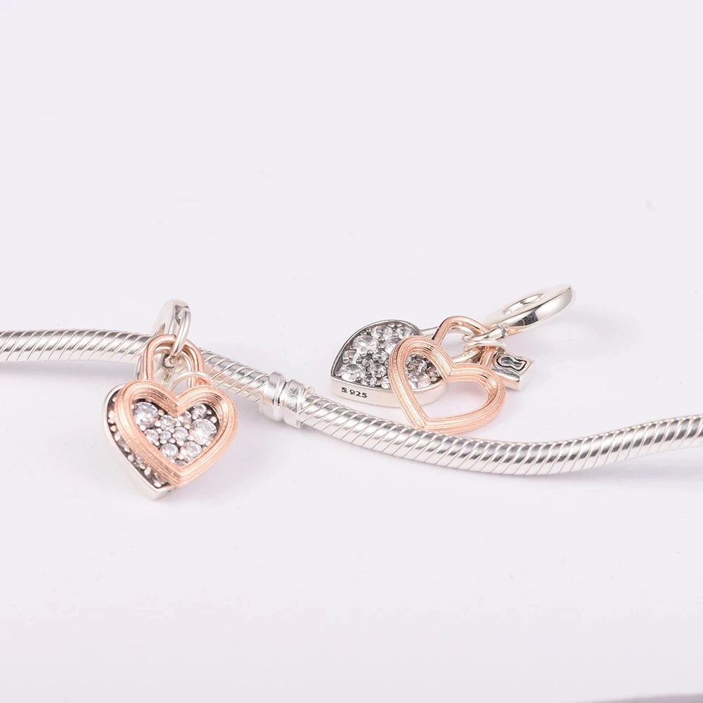 

2022 Valentines Heart Padlock Double Dangle Charm 925 Sterling Silver Crystal Beads Fits Original Bracelets DIY Jewelry Making