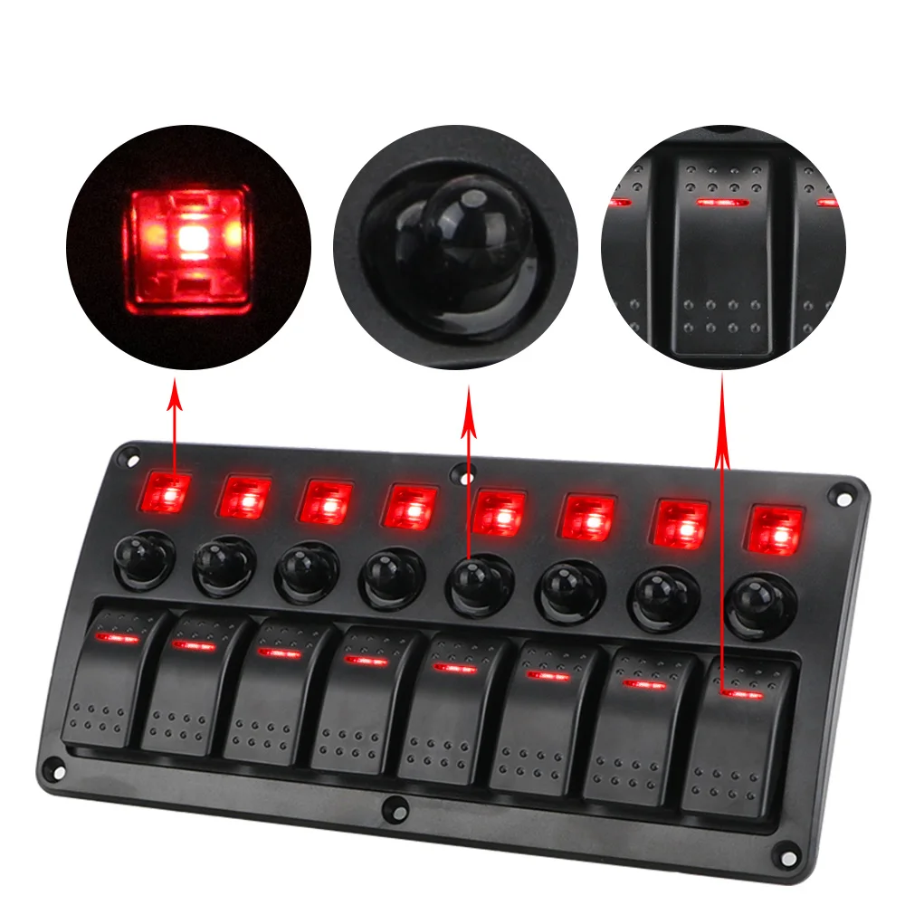 

12/24V 8 Gang LED Switch Panel Circuit Breakers With Fuse Car Vehicle Truck RV SUV Marine Rocker Switch Panel