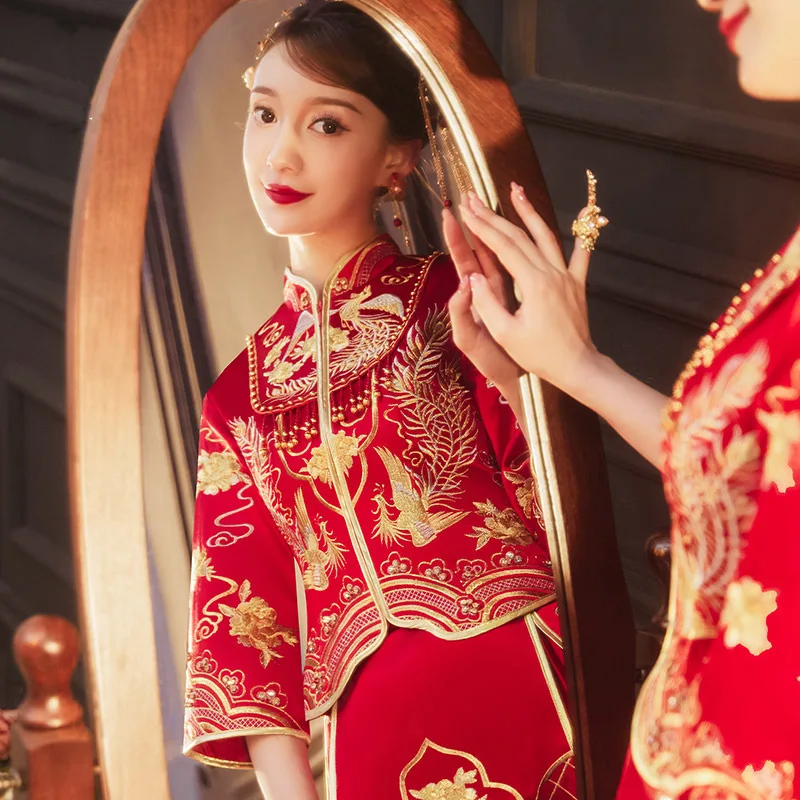 Phoenix Embroidery Marriage Suit Chinese Style Wedding Dress Cheongsam Oriental Bride Bridegroom Clothing Vintage Qipao