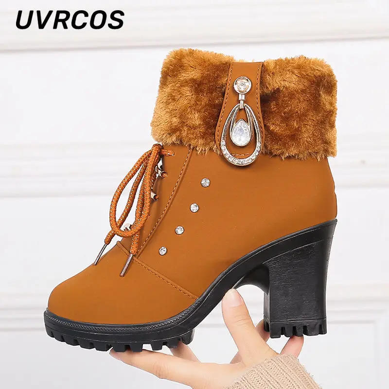 

Женские флисовые ботинки на толстом каблуке, ботильоны на высоком каблуке с боковой молнией, на шнуровке, в британском стиле, на осень-зиму, 2022