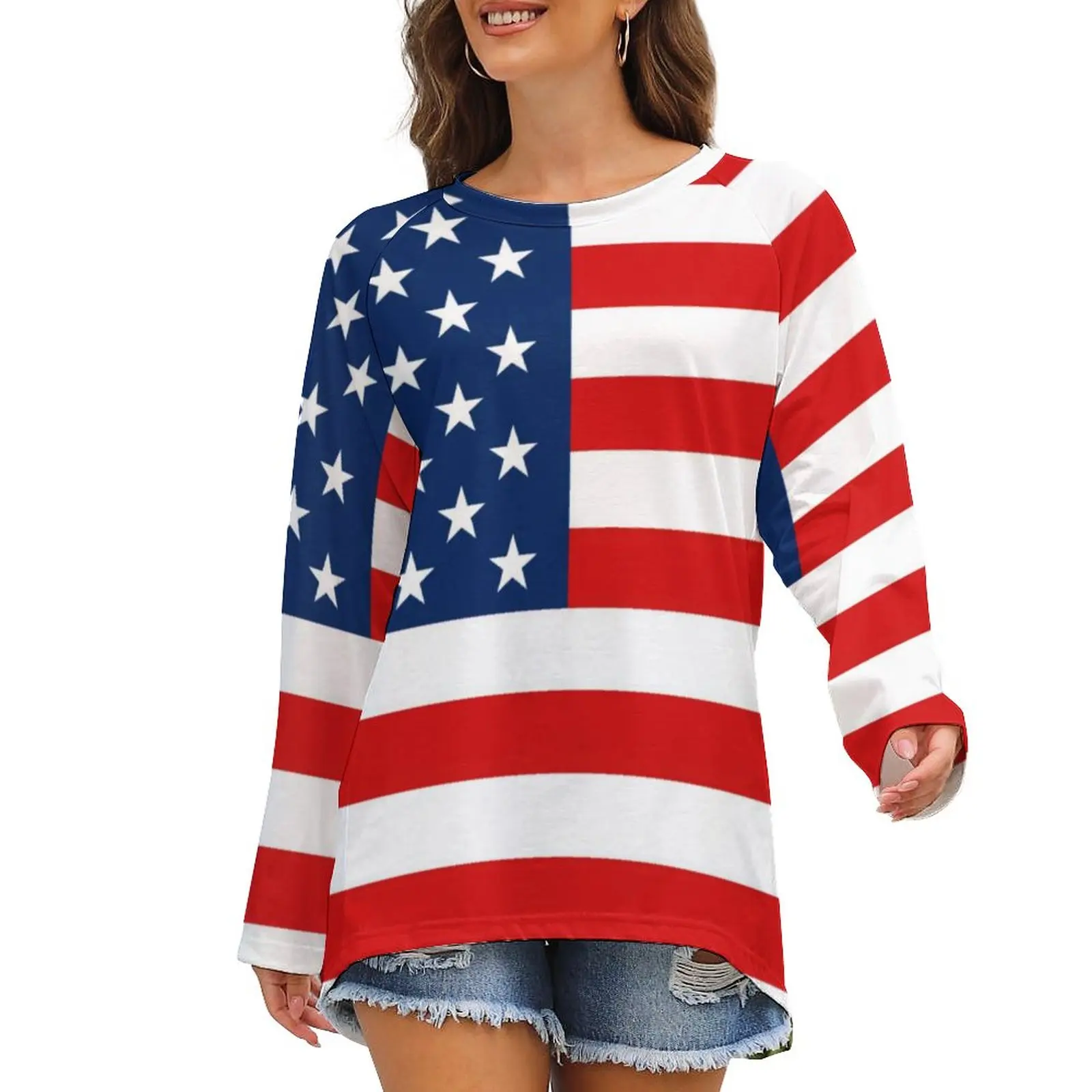 American Flag T Shirts 4th of July Blue Red Stripe Modern T-Shirt Ladies Long Sleeve Casual Tshirt Cheap Oversized Graphic Tees