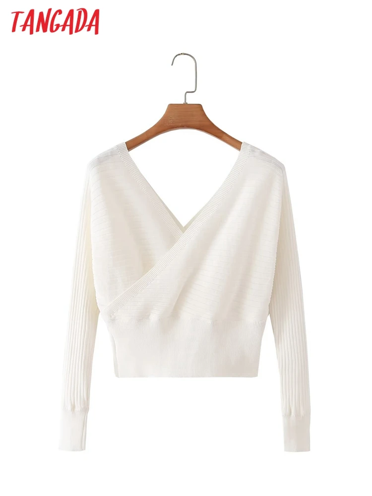 

Tangada Women 2022 Fashion White Cross Knitted Sweater Jumper V Neck Female Crop Pullovers Chic Tops 5X116