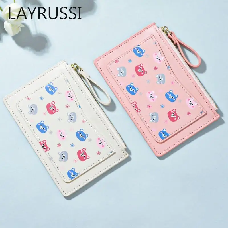 Милый кошелек LAYRUSSI на молнии с медведем женский кожаный держатель для карт
