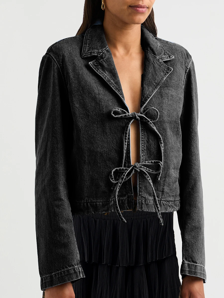 Женская джинсовая куртка однотонные джинсовые топы с лацканами и завязками