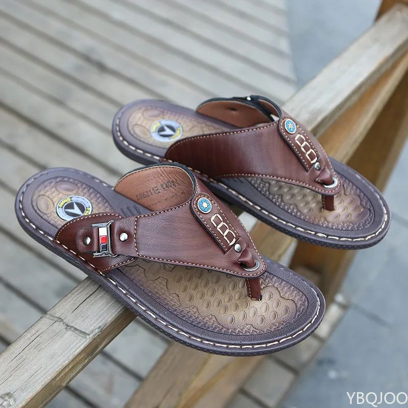

2022 Summer Beach Men Flip Flops Pu Leather Slippers Male Flats Sandals outdoor Rubber Thong Beach Shoes Men Leather Brand New