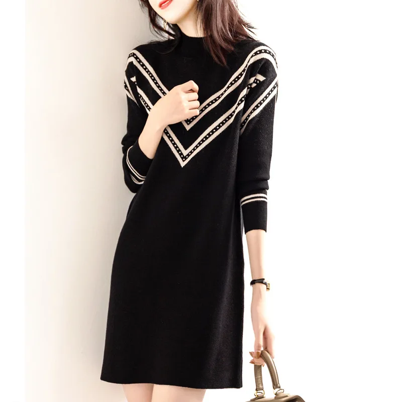 

Spring Autumn Mini Dress Knitting A-line Dress Women Clothing Office Lady Sweater Dress Vestidos RYXLYQ189