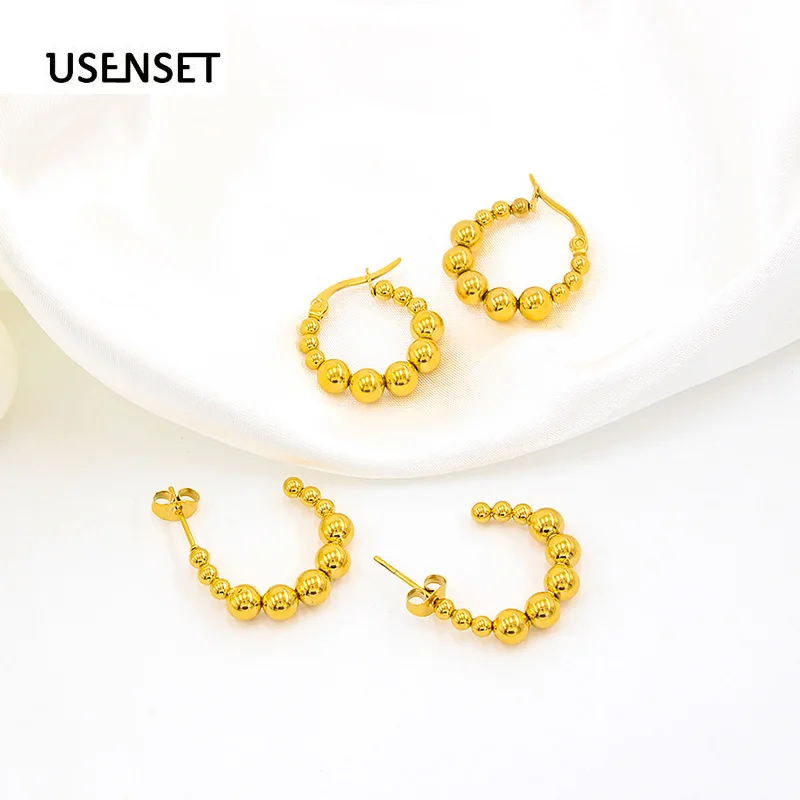 

New Gold Color Round Bead Earrings Women Design Circle Stainless Steel Metal Jewelry Accessories Gift YS361