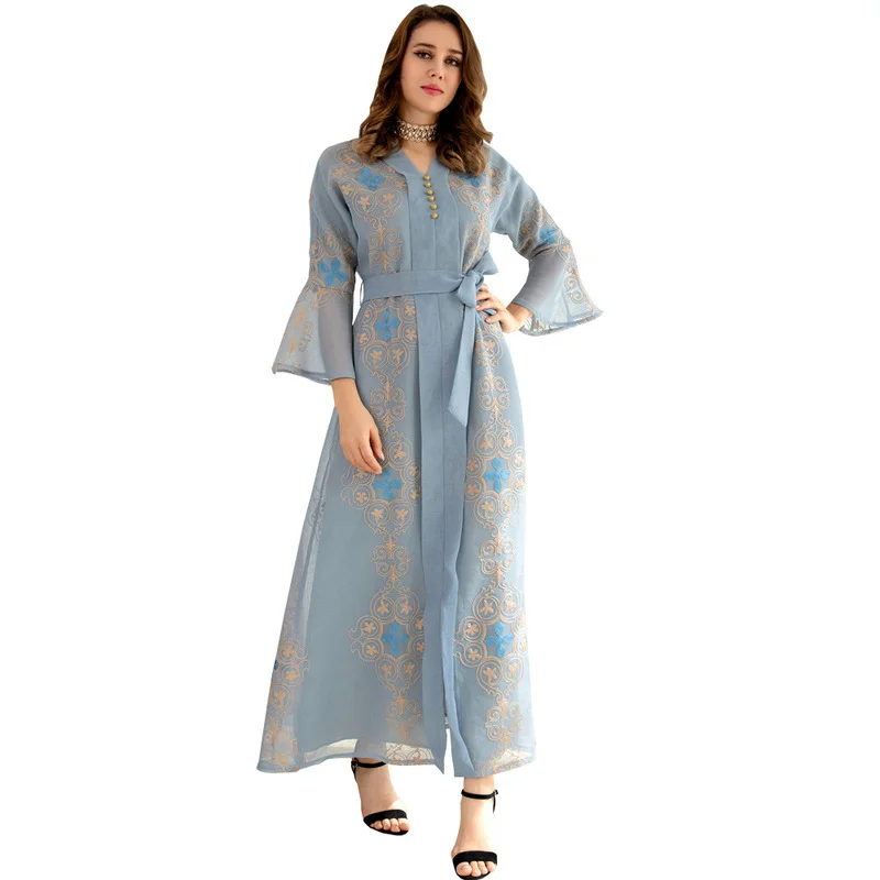 Купи Vintage Ethnic Mesh Embroidery Abaya Dress Women Black V Neck Flare Sleeve Middle East Dubai Arabic Muslim Clothes Autumn 2022 за 973 рублей в магазине AliExpress