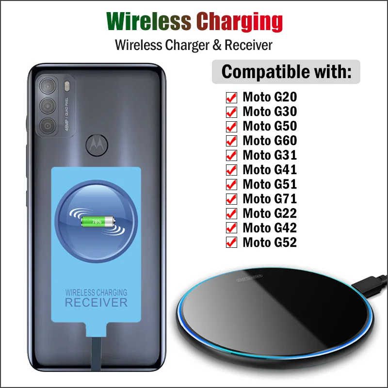 

Qi Wireless Charger & Type-C Receiver for Motorola G20 G30 G50 G60 G100 G31 G41 G51 G71 G22 G42 G52 5G Wireless Charging Adapter