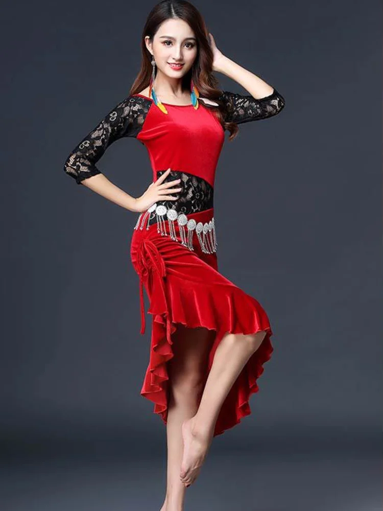 

Solid Color Ballroom Dress Women's Adult Fantasy Latin Dress Elegant Waltz Dance Modern Dance Practice Wear Woman Mesh Patchwork