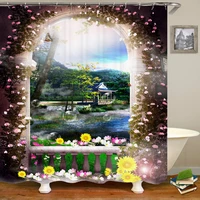 nature plant shower curtain colorful flower wall arched door garden fog mountain cool ting spring scene waterproof bath curtain