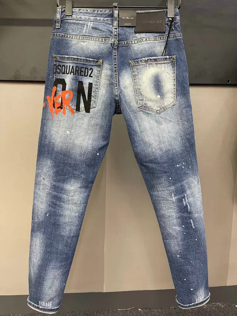 New DSQUARED2 Men's/Women's Hole Patches Stretch Fashion Paint Ink Pants