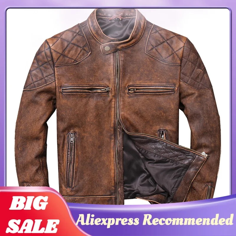 

2021 винтажная коричневая Мужская короткая Байкерская кожаная куртка размера плюс XXXL из натуральной воловьей кожи, весеннее приталенное мот...