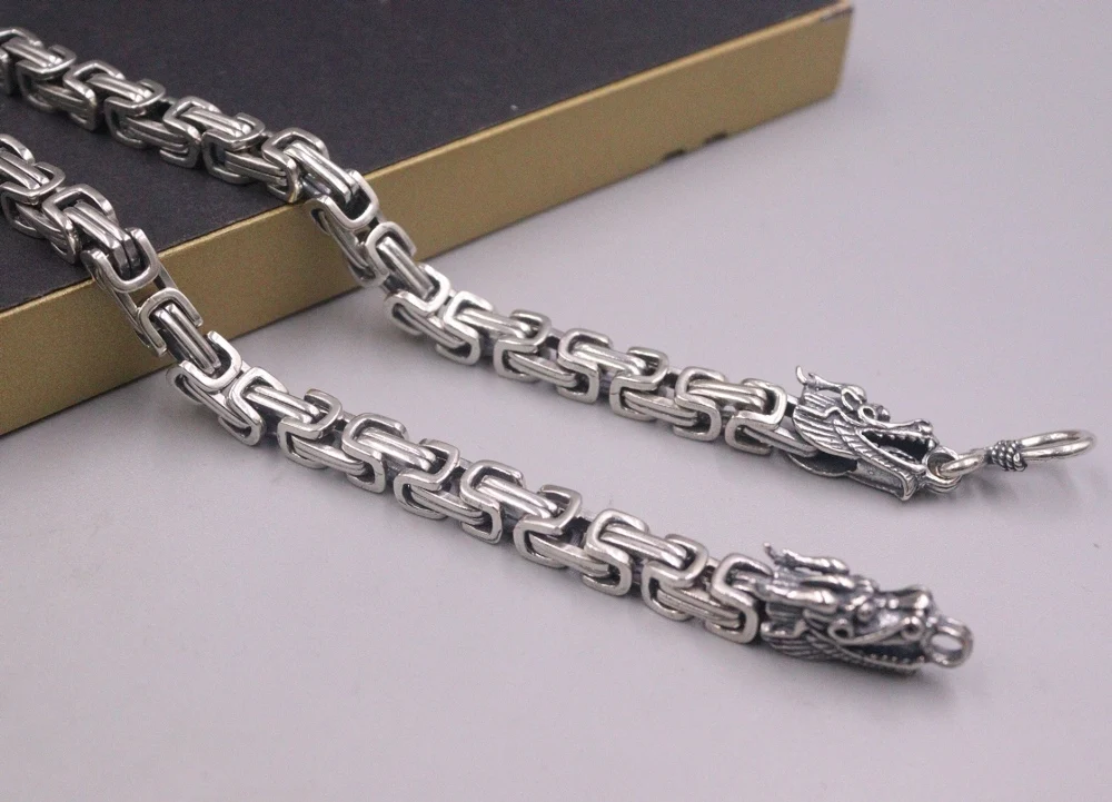 Настоящая твердая кожа серебряная цепь Мужской Дракон на удачу 6 мм византийское