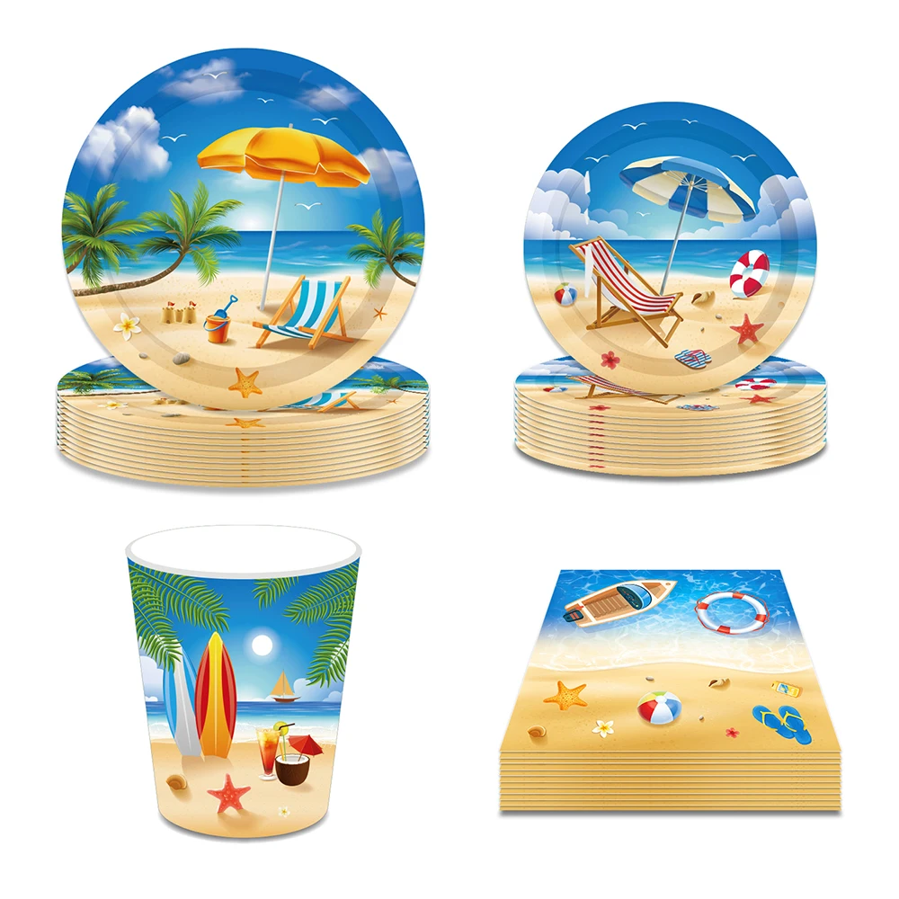 

Summer Beach Hawaii Swimming Birthday Party Disposable Tableware Sets Plates Cups Napkins Baby Shower Party Table Decorations