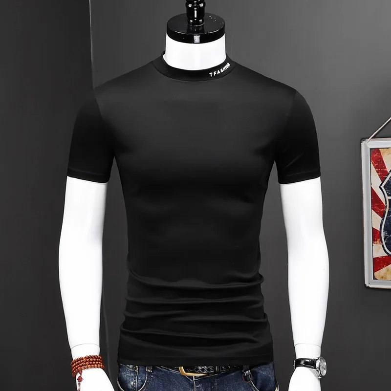 

Короткая модная мужская футболка с рукавом 2023 летняя черная Облегающая водолазка с буквенным украшением двойная мерсеризированная хлопко...