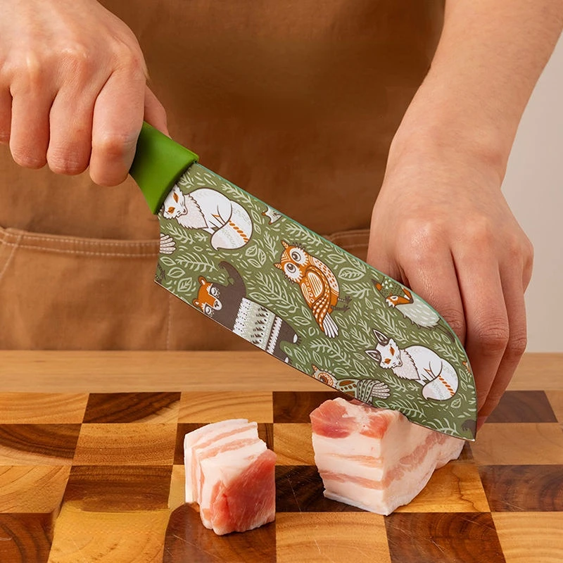 

Multicolour Cartoon Pattern Kitchen Knife Sharp Quality Stainless Steel Cleaver Vegetable Fruits Santoku Tool with Knife Sleeve
