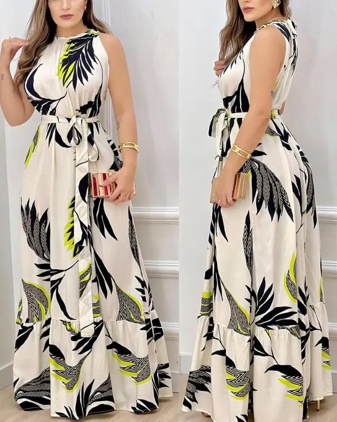 Dresses for Women 2023 Spring Fashion Leaf Print Sleeveless Casual O-Neck Maxi Daily Vacation Dress with Belt