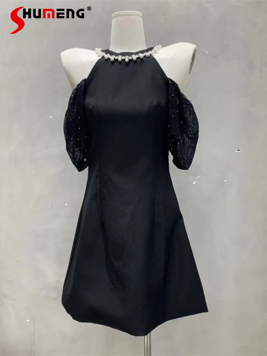 

2022 Summer New Sexy Off-Shoulder Dress Heavy Industry Beaded Halter Design Lace Stitching Sleeves Waist-Controlled Dress