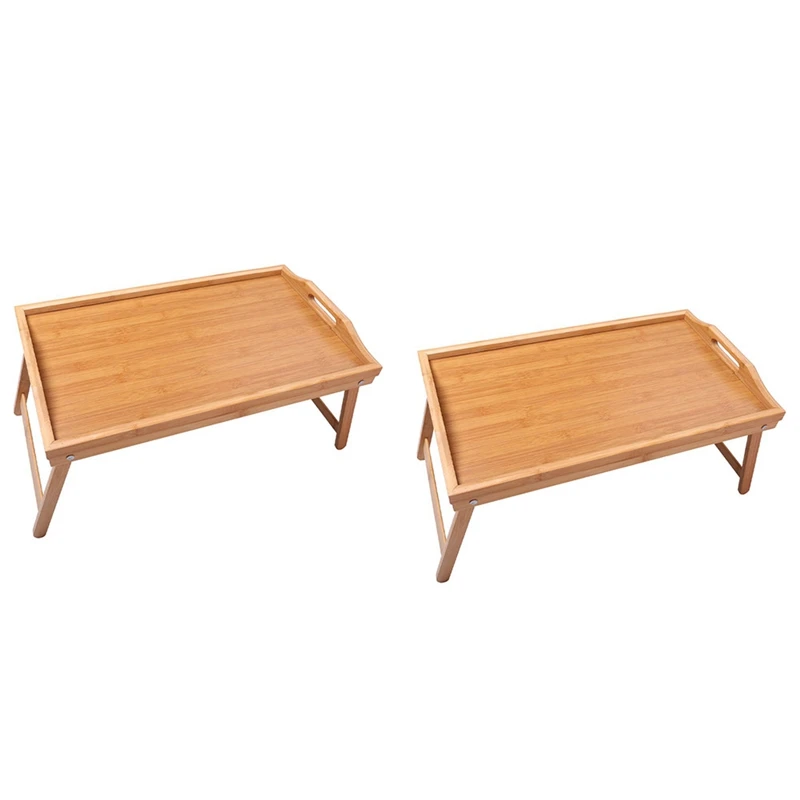

New-2X Natural Bamboo Breakfast Serving Tray With Handle Serving Breakfast In Bed Or Use As A TV Table Foldable