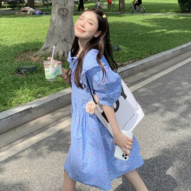 

Doll Collar Robe Print Floral Mini Dress Women's Summer 2022 New Korean Vestidos Puff Short Sleeve Loose Dresses for Women