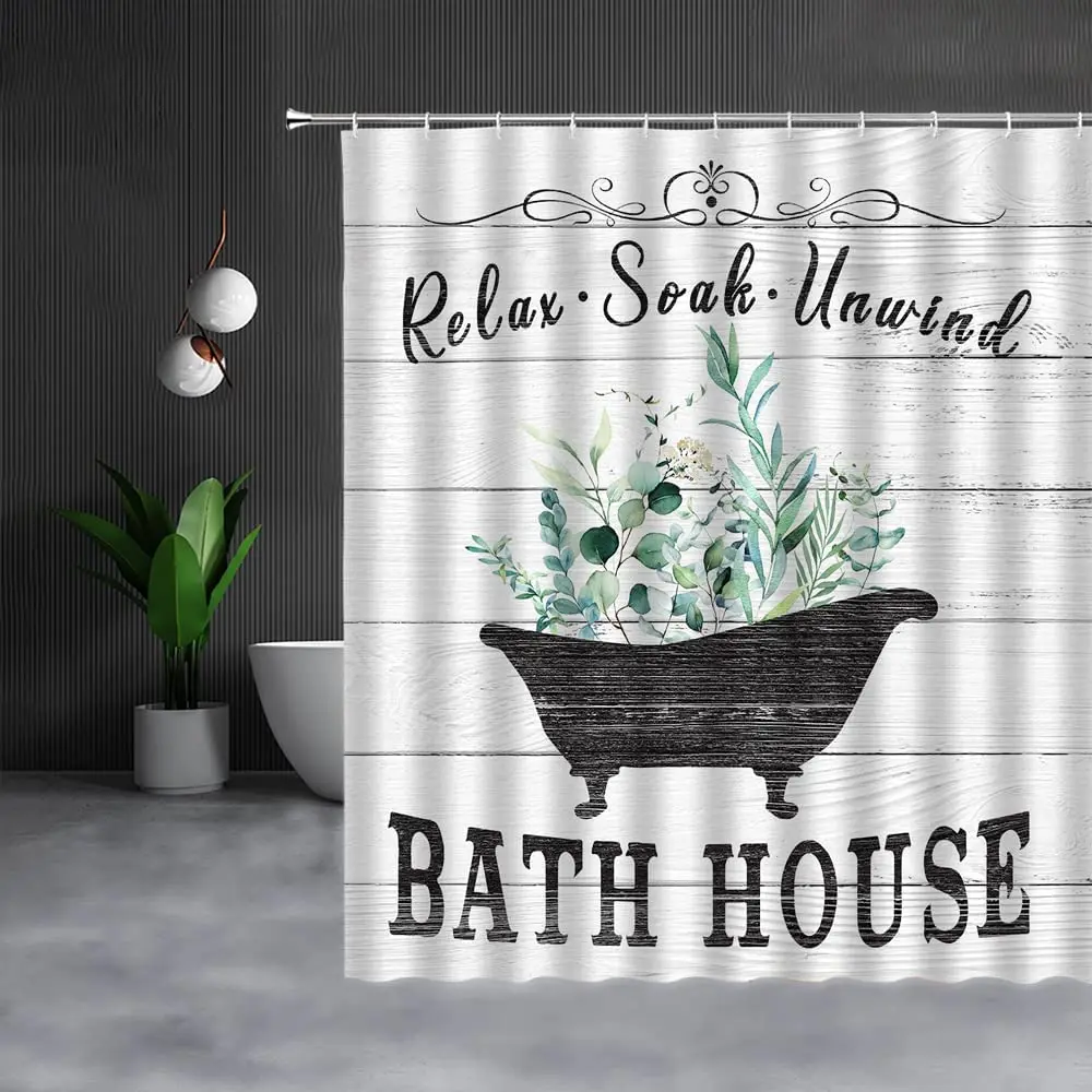 

Vintage Shower Curtain Rustic Farmhouse Wooden Board Green Leaves Plant Inspirational Quote Fabric Bathroom Curtains with Hooks