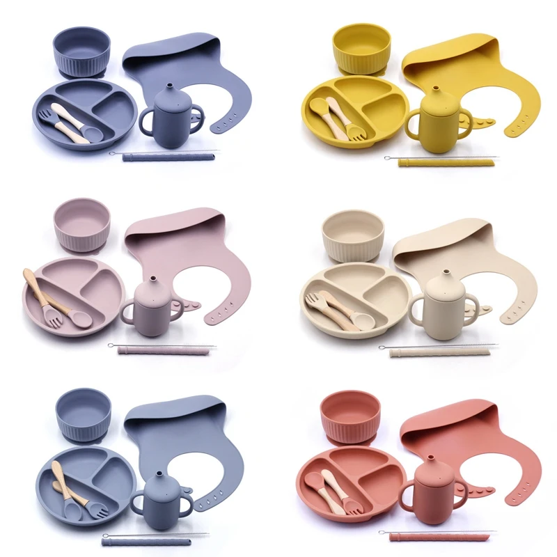 

7 шт., Детские Силиконовые тарелки для кормления, с трубочками