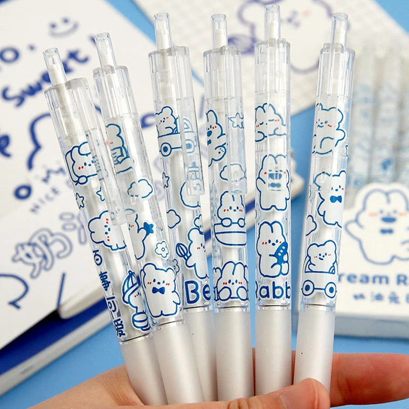 

6PCS Kawaii Cream Rabbit Daily Press Pen Ins Creative Cute Cartoon Press Student Black Signature Gel Pen Stationery Items