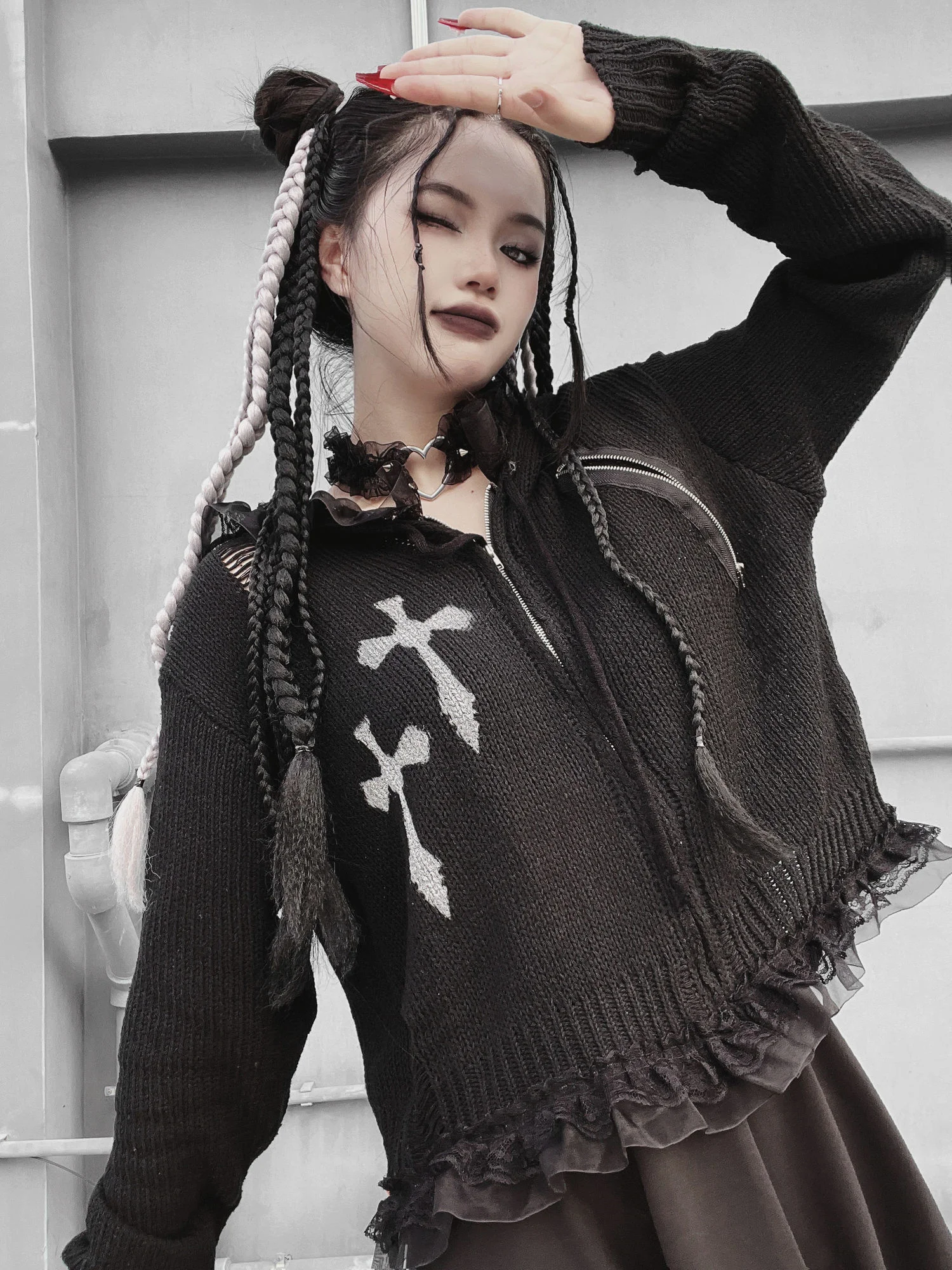 

2022 New Fashion Women Retro Goth Knits Sweater Long Sleeve Loose Cross Printing Patchwork Hooded Collar Zipper Gothic Lady Top