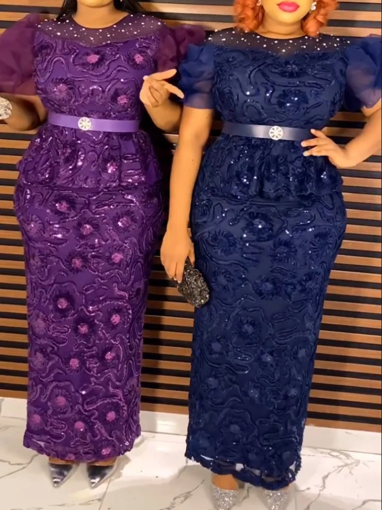 

African Wedding Party Dresses for Women Summer African Short Sleeve O-neck Polyester Green Purple Long Dress African Clothes