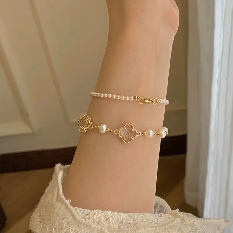 

Natural Pearl Bracelet for Women Jewelry Accessories Simple Trend Four-leaf Clover Hand String for Girls