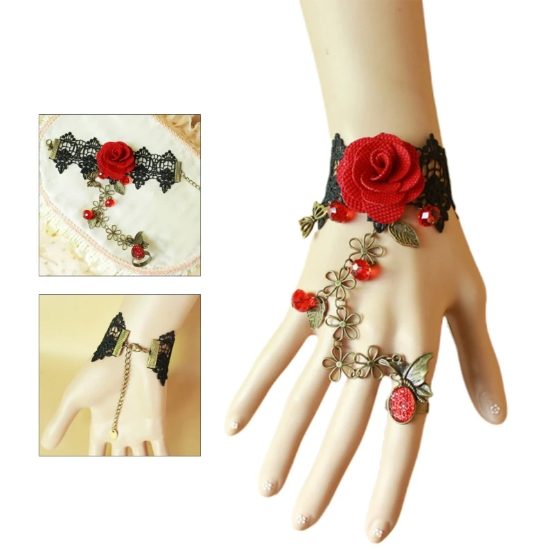 

Simple Finger Ring Hand Chain Ring Bracelets Punk Rose Ring Harness Bracelet HXBA