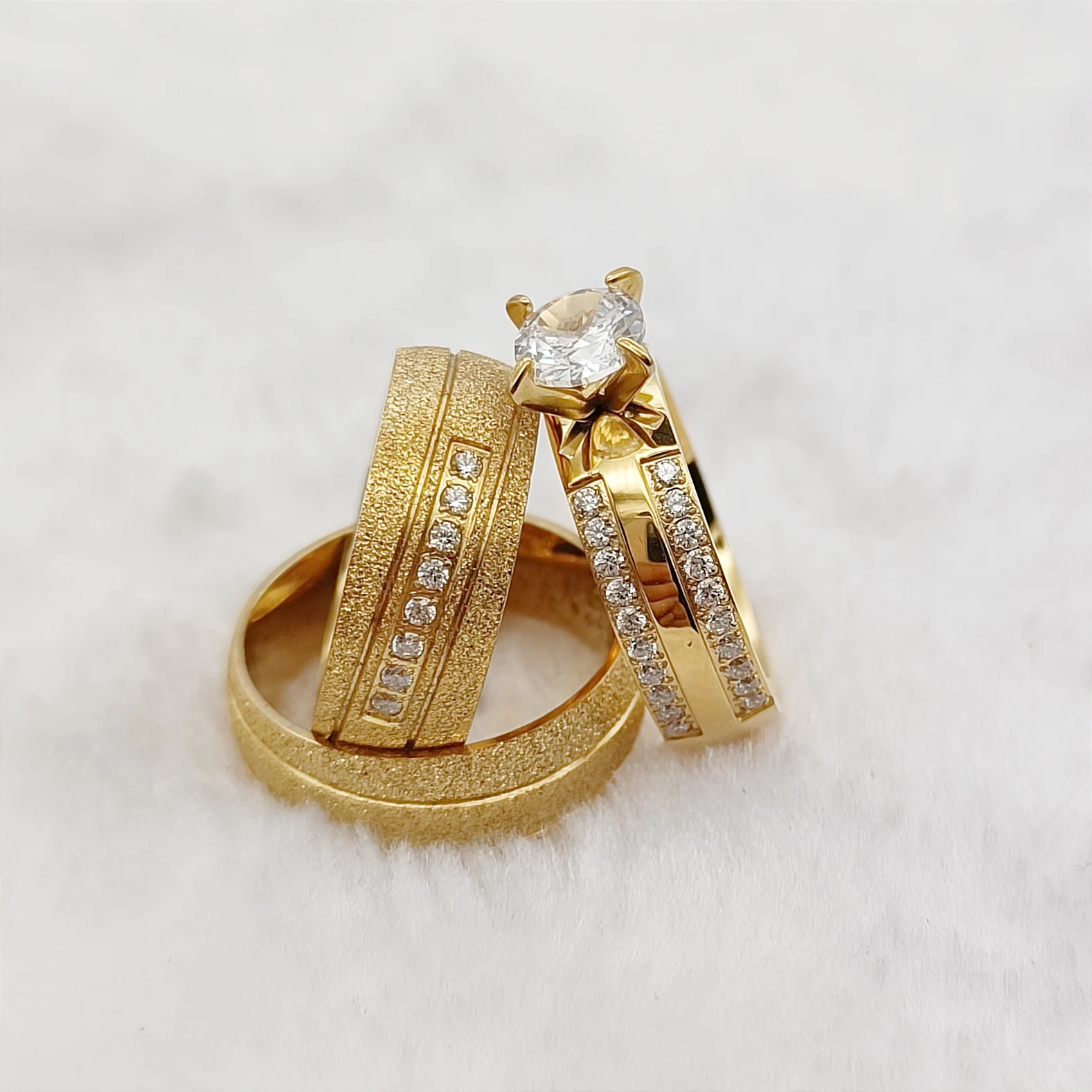 

3PCS Bridal Promise Wedding Engagement Rings Sets for Couples Statement Cz Diamond 24k Gold Plated Jewelry