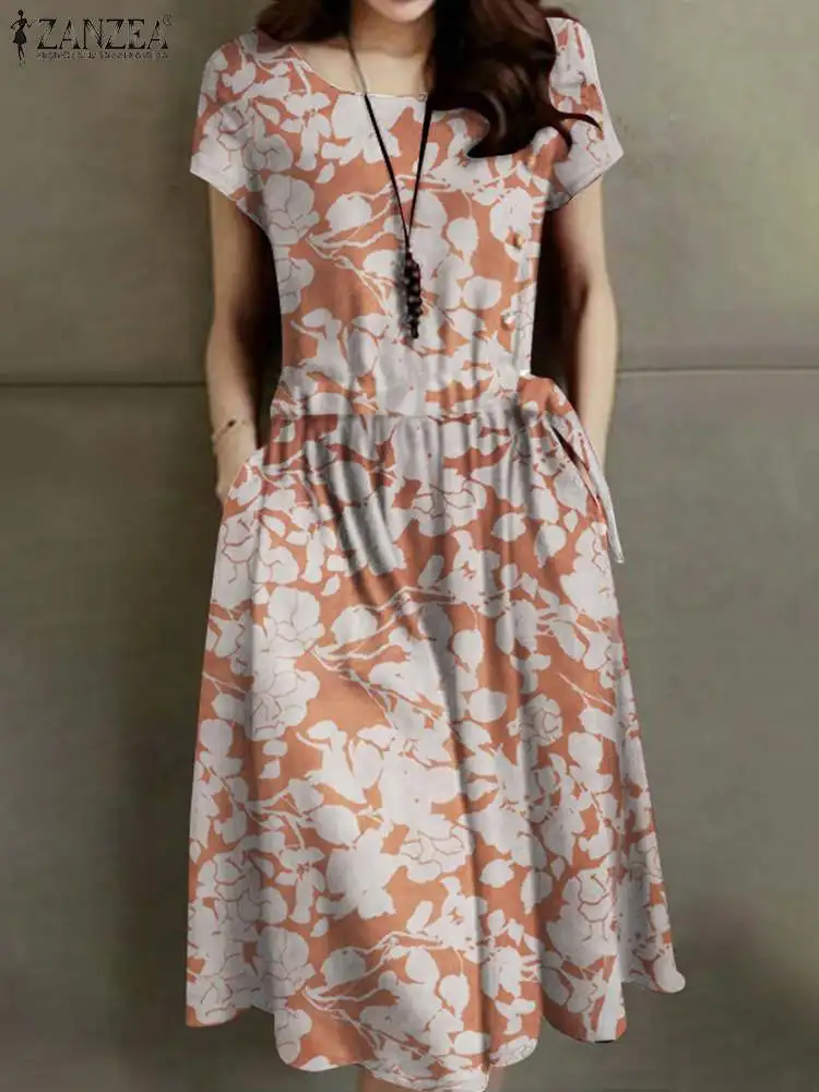 

Платье ZANZEA женское с цветочным принтом, повседневный пляжный сарафан с коротким рукавом, с завязкой на талии, богемный праздничный наряд