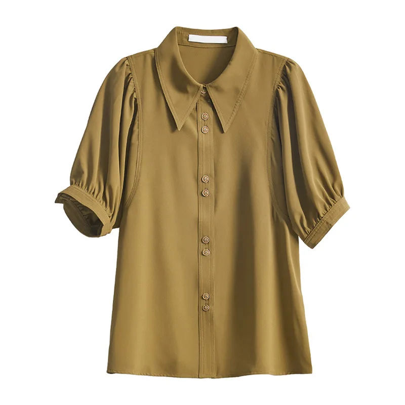 

2023 Summer Women's Top Chiffon Short Sleeve Shirt Premium Puff Sleeve French Shirt Design Sense Niche Chiffon T-shirt