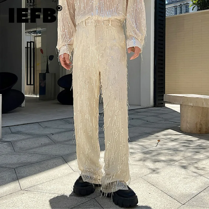 

IEFB High Street Men's Casual Suit Pants Personality Sequins Tassels Straight Leg Trousers Korean Style Solid Color Burrs 9C256
