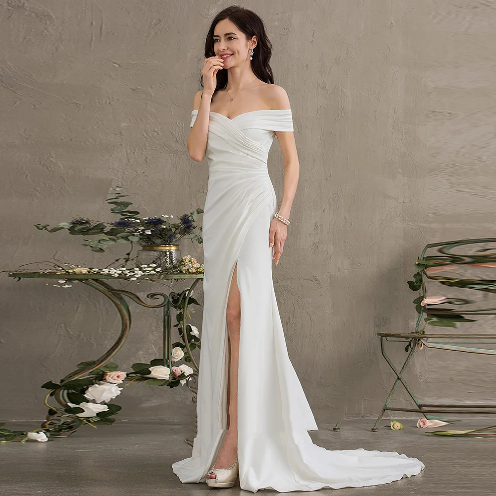 

Celebrity Long Evening Dresses Elegant for Wedding White Chiffon Off-the-shoulder Split Slit Sheath OEM Sweep Train Party Prom