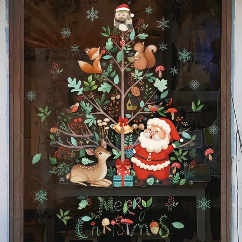 

2024 новогодние наклейки на окно Санта Клаус Рождественская елка мультяшная стеклянная наклейка с надписью "Merry Christmas" новогодние праздничные украшения для дома