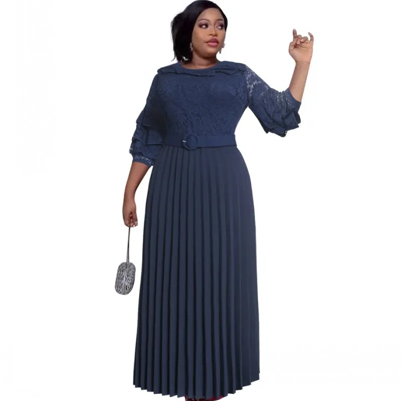 

African Maxi Dress Women Ruffle Half Sleeve High Waist Robe Fashion New Solid Pleated Patchwork Casual African OL Dress Vestidos