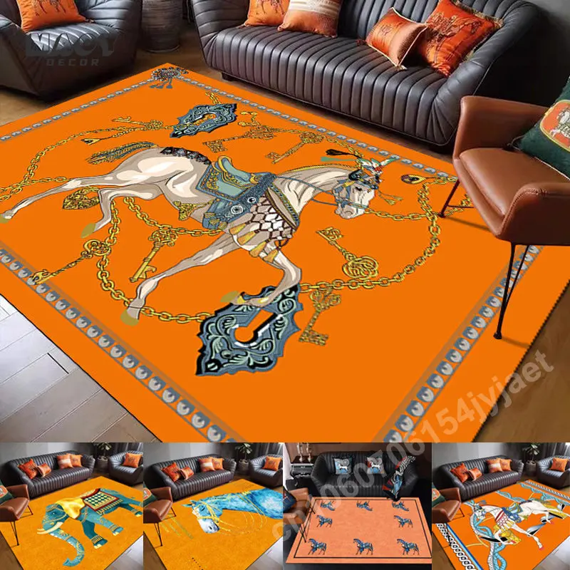 

American Ethnic Frame Horse Carpet Living Room Orange Anti-slip Floor Area Mat Bedroom Bedside Rugs Home Decor Carpets Doormat