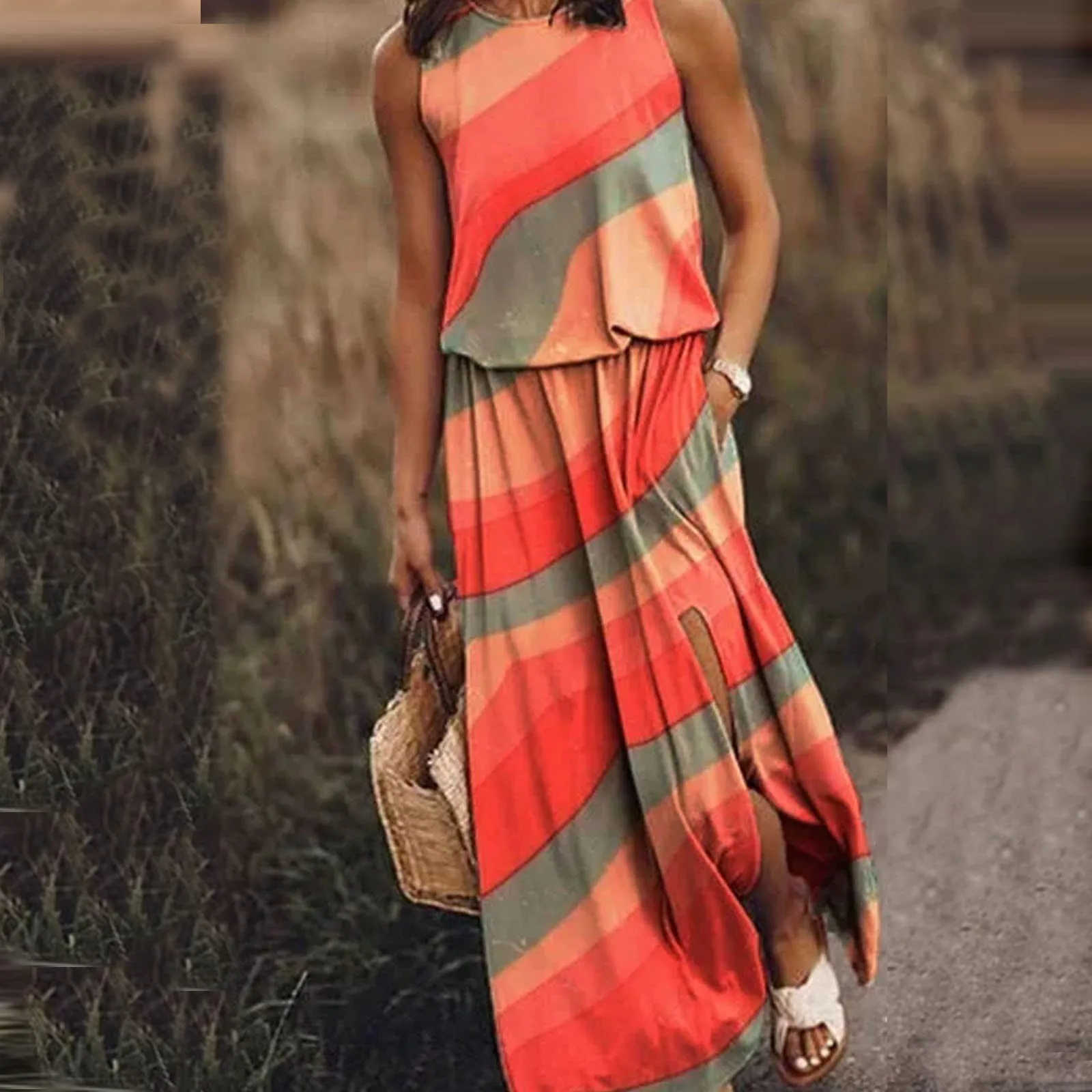 

2022 Summer Printed Long Dress Women Casual Loose Boho Maxi Dress Sexy Sleeveless Vintage Dress Female Elegant Beach Dress