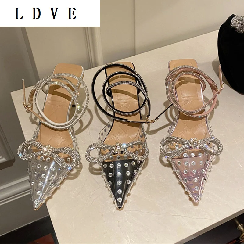

Elegant Thin High Heel Party Shoes Sexy Pointed Toe PVC Dots Rhinestone Decoration Ankle Buckle Crystal Bordered Sandals