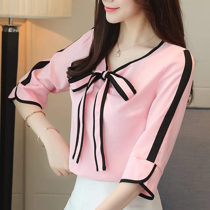 

Chiffon Women's Blouse Striped Summer Short Sleeve Casual Fashion Bow Clothing V-neck Top
