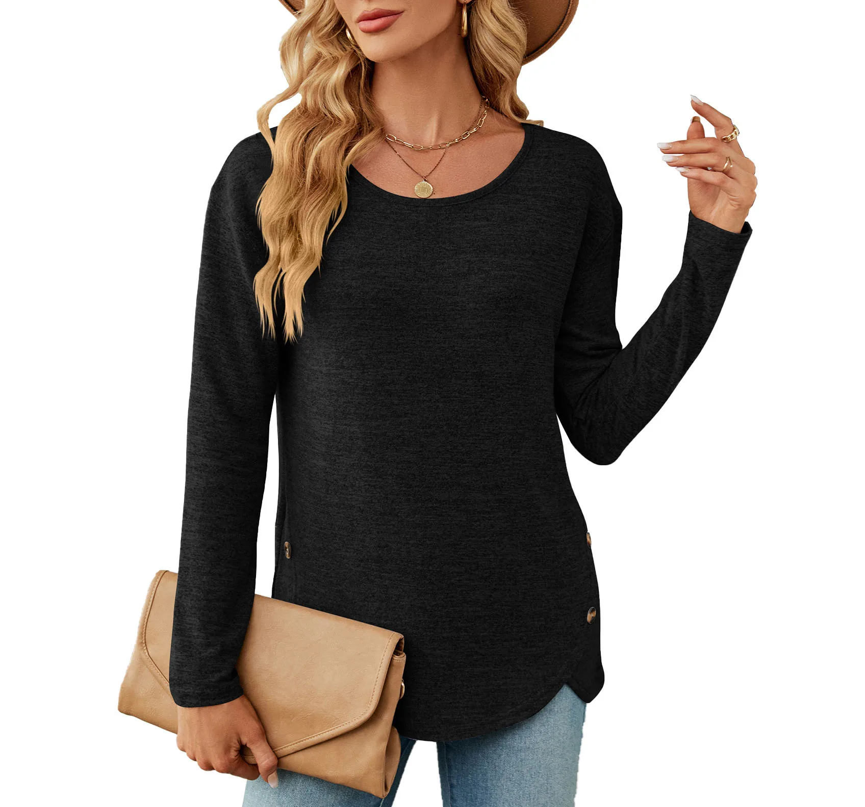 

Autumn and Winter New Fashion Casual Solid Color Loose Round Neck Long Sleeve Open Button T-shirt Female