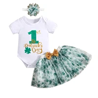 3pcs st patricks day baby girls outfit cartoon short sleeve bodysuit clovers print skirts bow headband for toddler 0 18 months