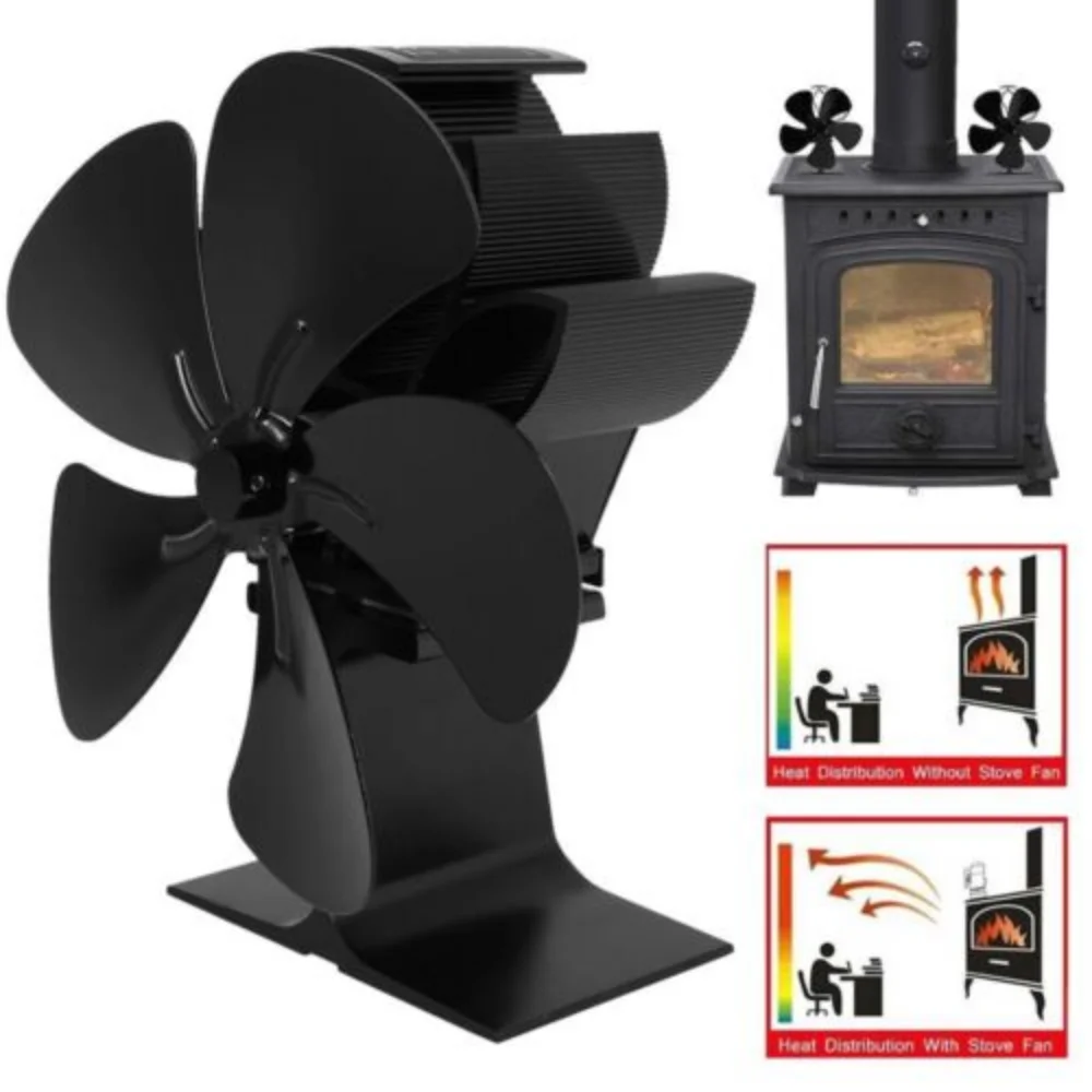 

5 Blades Heat Powered Stove Fan Black Fireplace Fan Log Wood Burner Eco Friendly Quiet Fan Home Efficient Heat Distribution